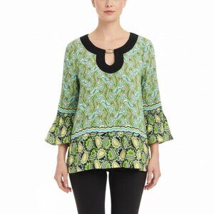 Nicola Womens Green/Blue Keyhole-Neck Boho Tunic With Bell Sleeves Sz P/M